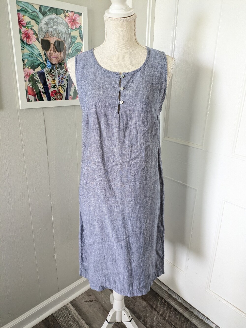 Kenar Women's Size 4 Blue Sleeveless Pure Linen Dress Button Midi Coastal